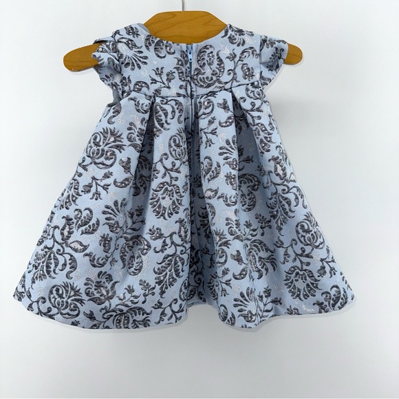 Bonnie Baby Tapestry Silver and Blue Floral Baby Dress with Bow - Picture 2 of 5